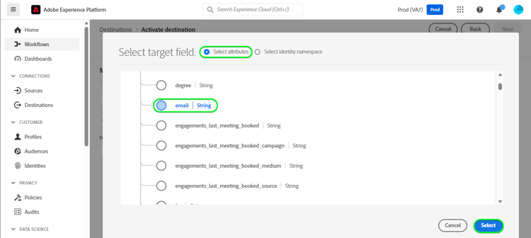Platform UI screenshot selecting email as a target attribute to map as identity.