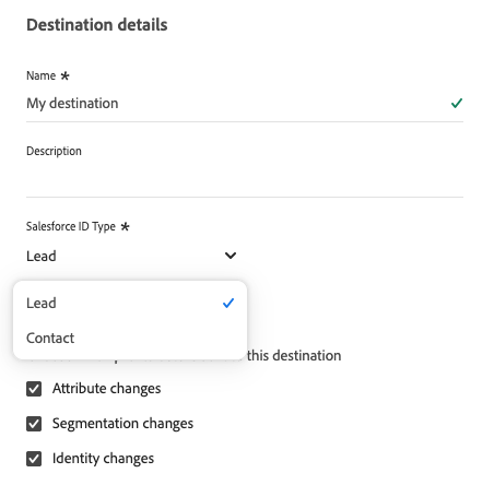 Experience Platform UI screenshot showing the destination details.