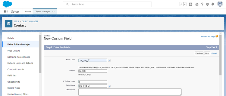 Salesforce UI screenshot showing custom field creation, Step 2 - Enter the details for the custom field.
