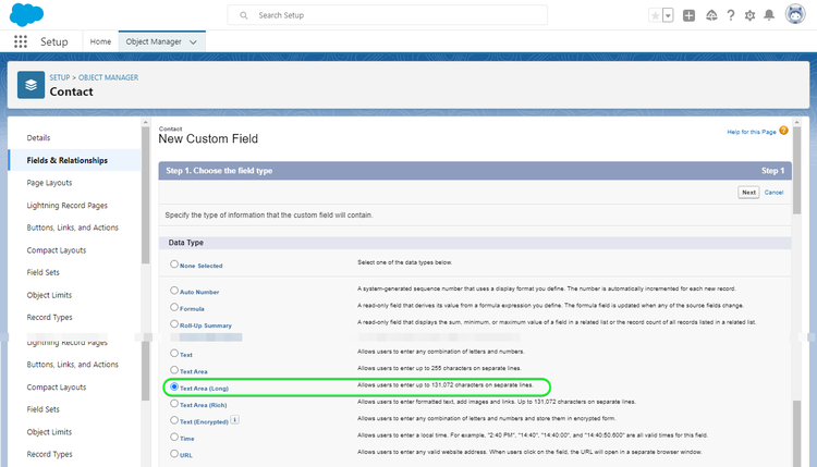 Salesforce UI screenshot showing custom field creation, Step 1 - Select the data type.