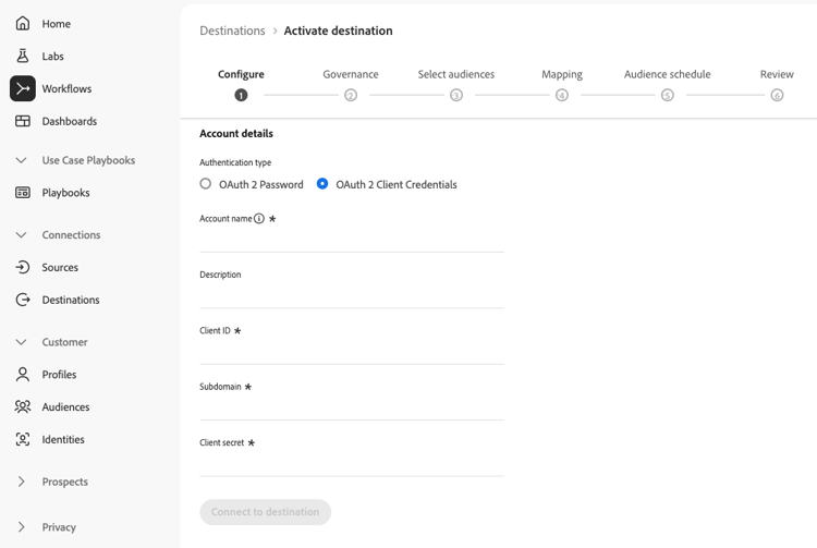 Experience Platform UI screenshot showing how to authenticate using OAuth 2 Client Credentials.