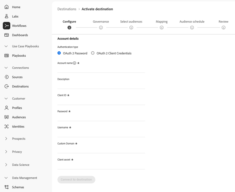 Experience Platform UI screenshot showing how to authenticate using OAuth 2 Password.
