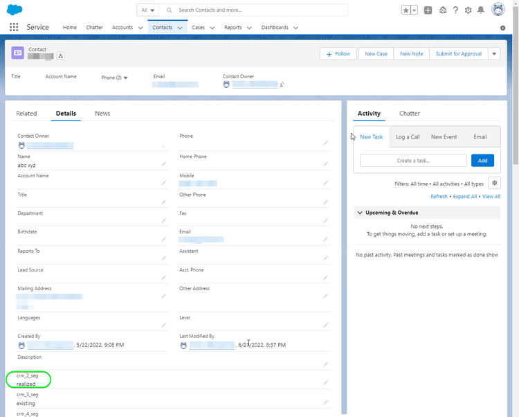 Salesforce CRM screenshot showing the Contact Details page with updated audience statuses.