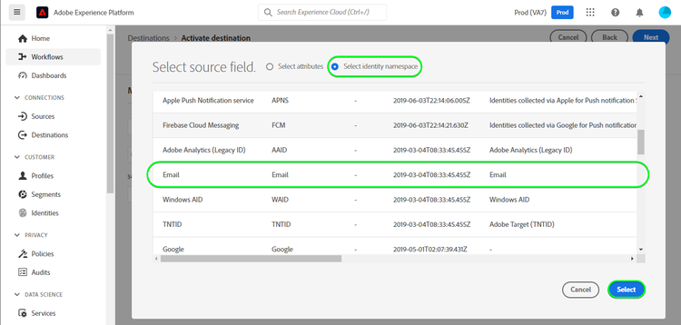 Platform UI screenshot with Source field as Email from the identity namespace.