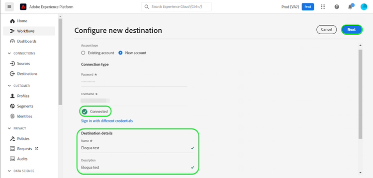 Platform UI screenshot showing the destination details.