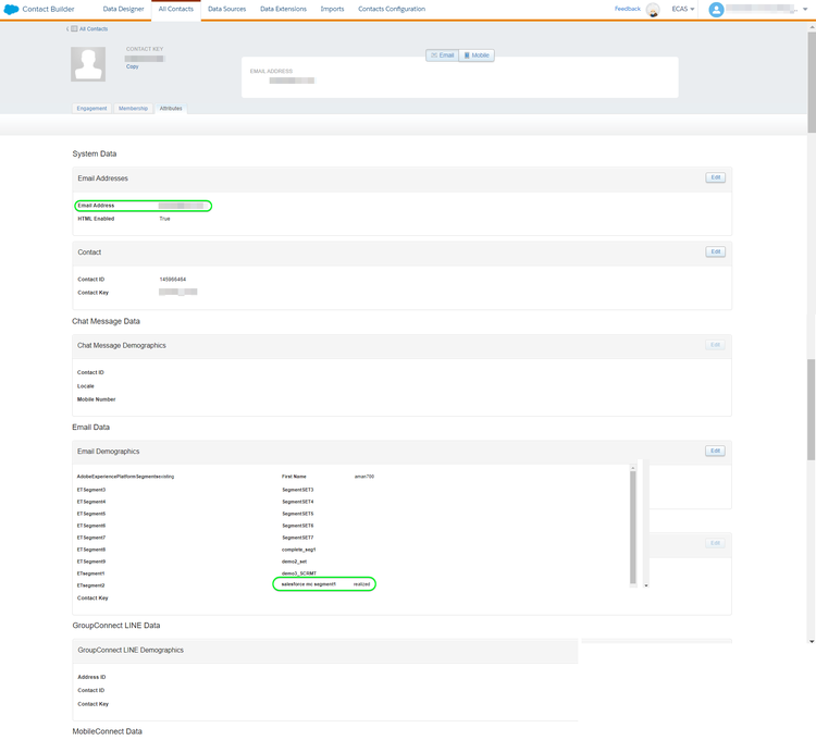 Salesforce Marketing Cloud UI screenshot showing the selected Contacts Email page with updated audience statuses.