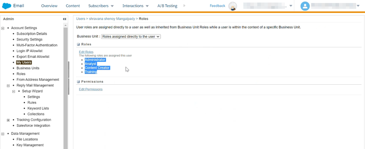 Salesforce Marketing Cloud UI for a selected user which shows their assigned roles.