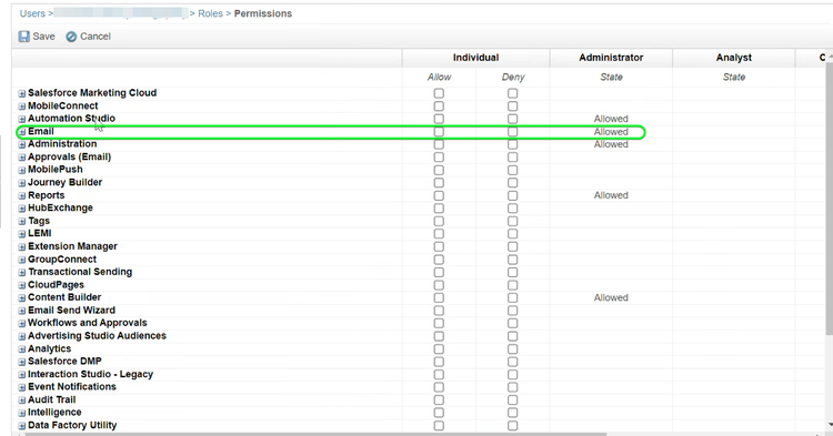 Salesforce Marketing Cloud UI showing the email data extension with allowed permissions.
