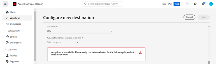 Platform UI screenshot showing error if your Mailchimp API key or data center values are incorrect.