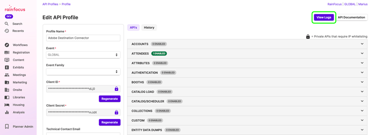 View logs in the API Profile in RainFocus