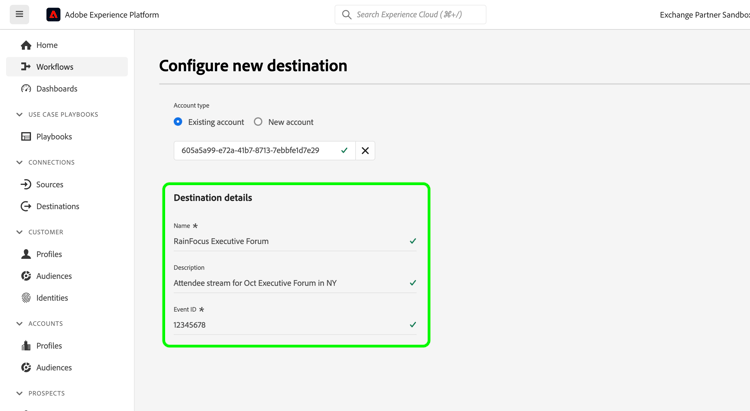 Provide connection details for the RainFocus Destination Connector
