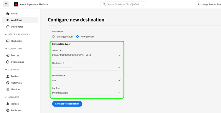 Provide authentication details for the RainFocus Destination Connector