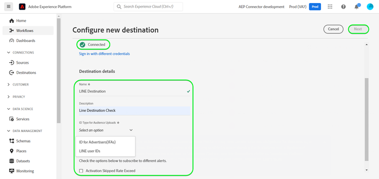 Platform UI screenshot showing the destination details.