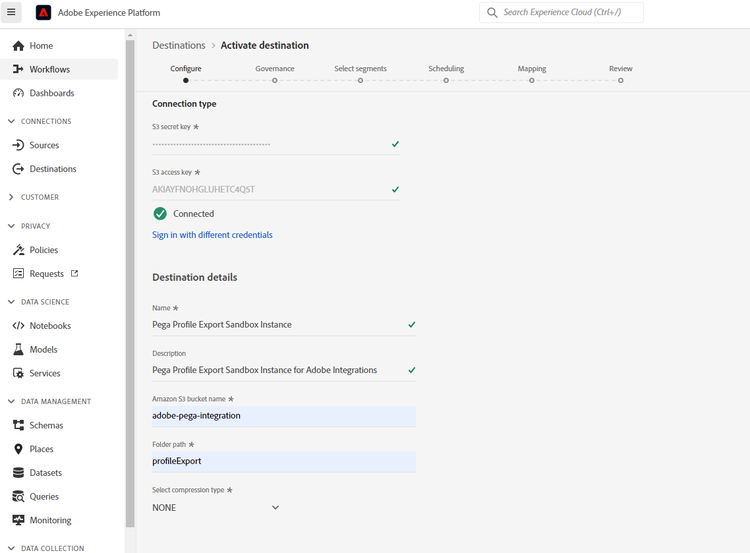 Image of the UI screen showing completed fields for the Pega Profile Connector destination details