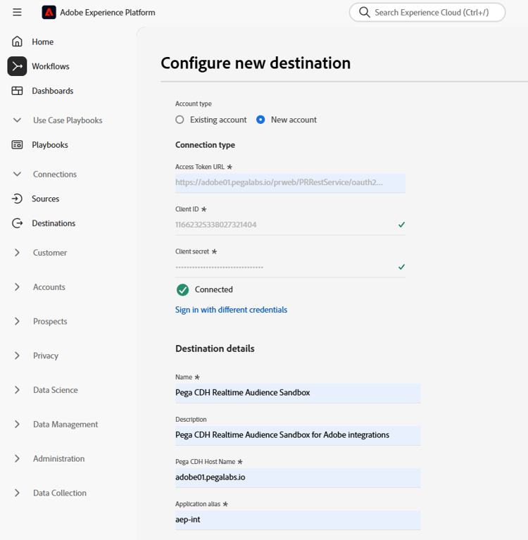 Image of the UI screen showing completed fields for the Pega CDH destination details