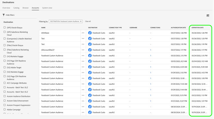 Facebook account token expiration date column in the Accounts tab
