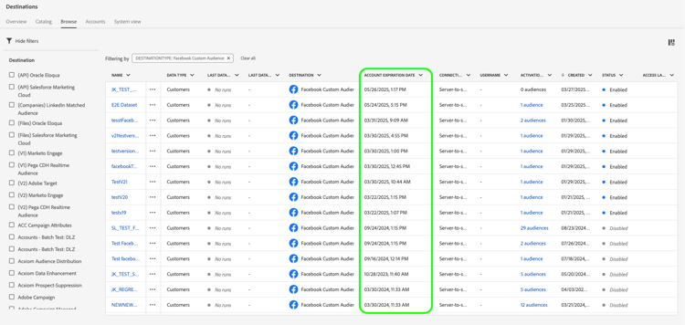 Facebook account token expiration date column in the Browse tab