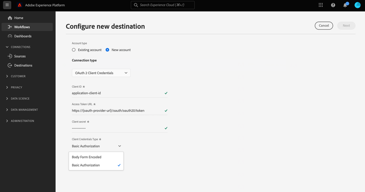 Image of the UI screen where you can connect to the HTTP API destination, using OAuth 2 with Client Credentials authentication.