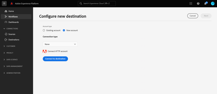 Image of the UI screen where you can connect to the HTTP API destination, using no authentication.