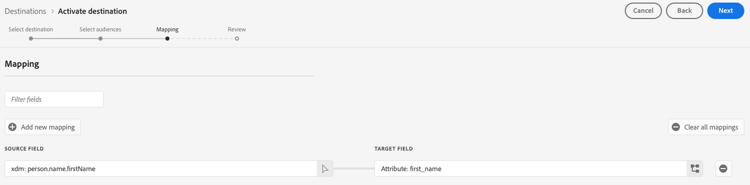 Experience Platform user interface image showing the mapping screen for the Snowflake destination.