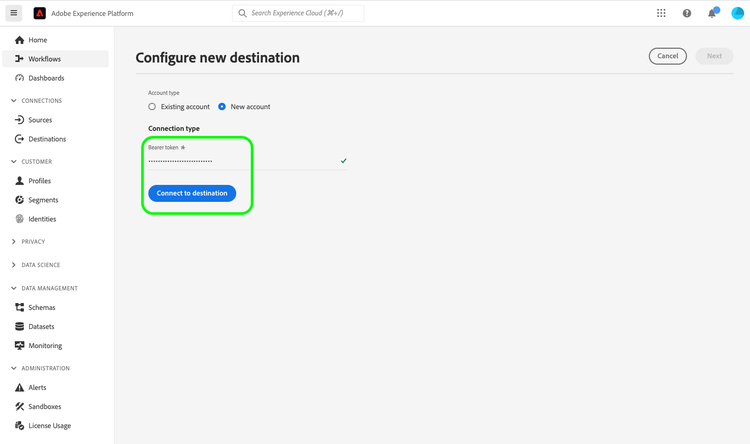 Sample screenshot showing how to authenticate to the destination