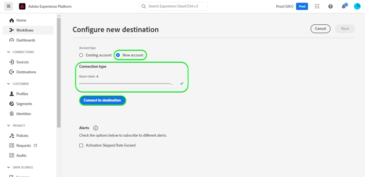Sample screenshot showing how to authenticate to the destination