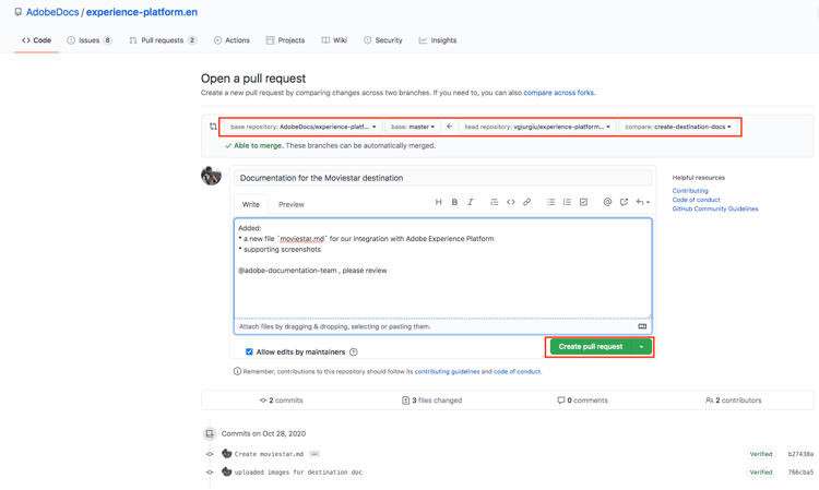 Create pull request to Adobe documentation repository