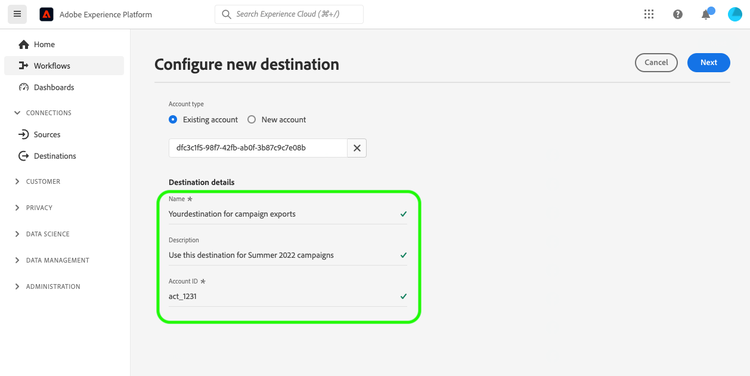 Sample screenshot showing how to fill in details for your destination