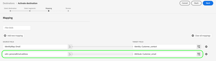 Platform UI screenshot showing XDM attribute mapping to custom attributes for streaming destinations.