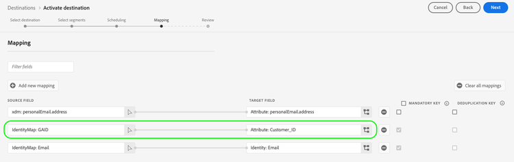 Platform UI screenshot showing identity mapping to custom attributes for file-based destinations.