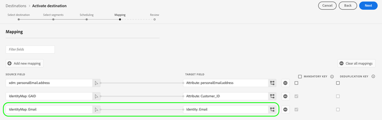 Platform UI screenshot showing identity mapping to identity for file-based destinations.