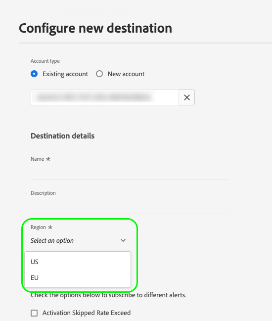 Ui image showing the destination connection screen with a region selector.