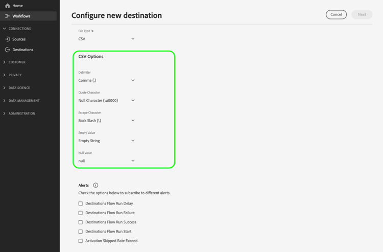 Image showing the order of file formatting options in the Experience Platform UI.