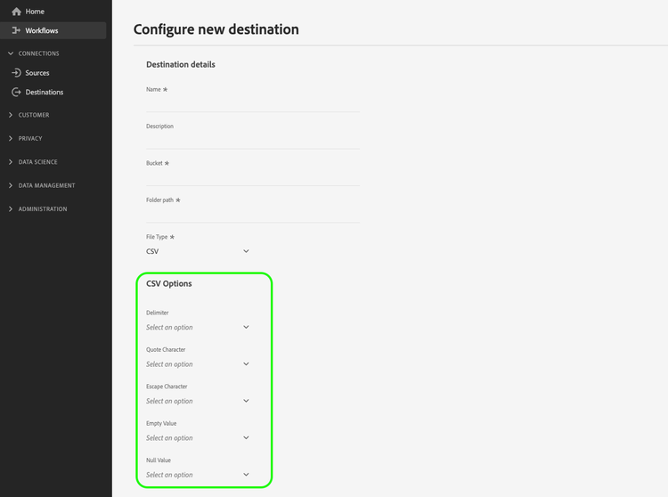 Image showing the CSV options grouping in the UI.