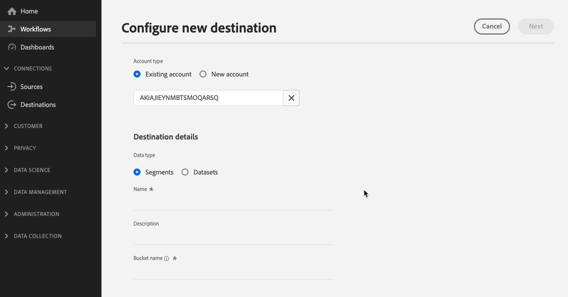 Screen recording of the file formatting option when connecting to a file-based destination.