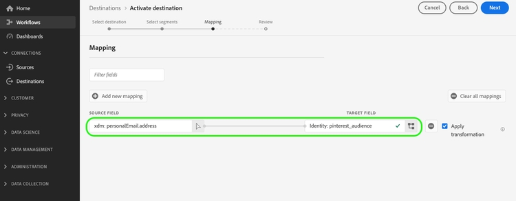 Example of email address attribute mapped to identity field for Pinterest destination.