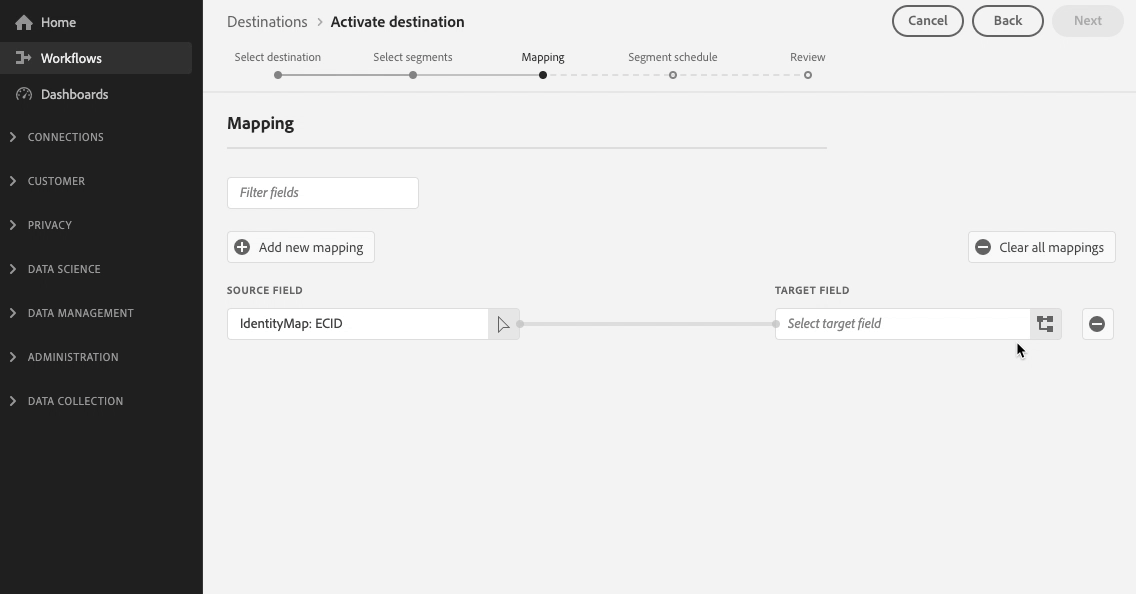 Screen recording of the identity selection for target field in the mapping step of the activation workflow.