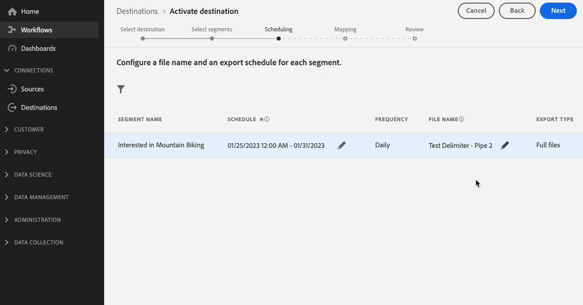 Screen recording of the filename append option in the scheduling step of the activation workflow.