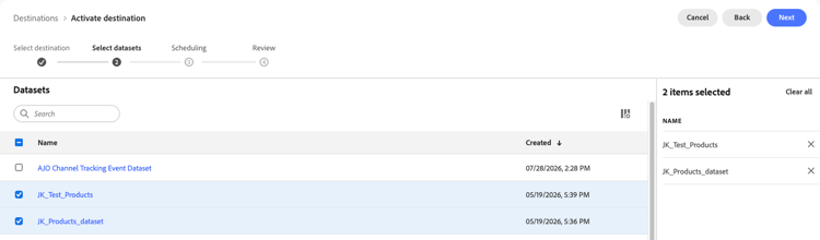 Dataset export workflow showing the Select datasets step where you can select which datasets to export.
