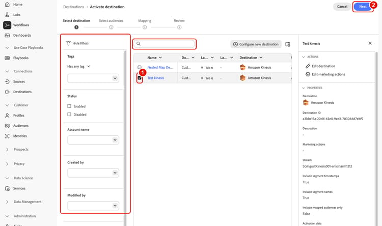 Search box and filters panel highlighted above the list of destination connections, with a destination connection selected in the Select destination step.