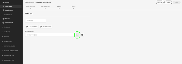 Image highlighting the how to select a source field in the mapping step.