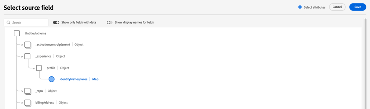 Image showing a selection of XDM fields that you can select as source fields.