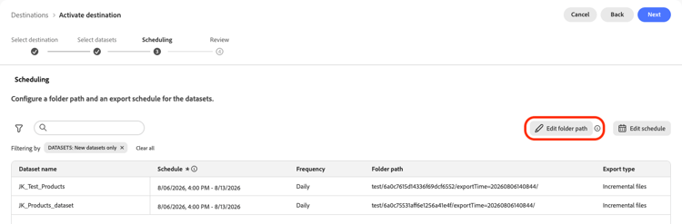 Edit folder path control highlighted in the scheduling step.