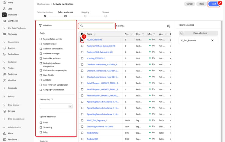Search box and filters panel highlighted above the list of audiences, with the checkbox for one audience selected and the Next button highlighted.