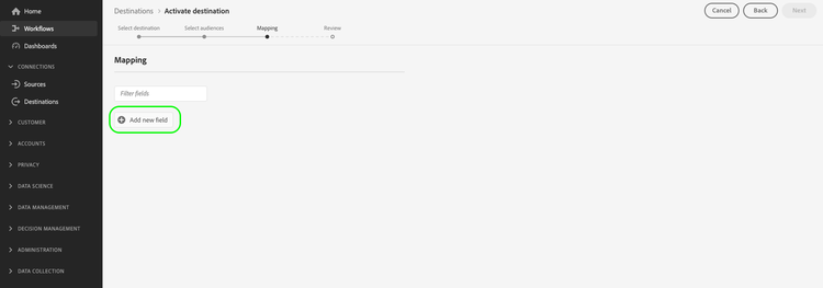 Image highlighting the Add new field control in the mapping step.