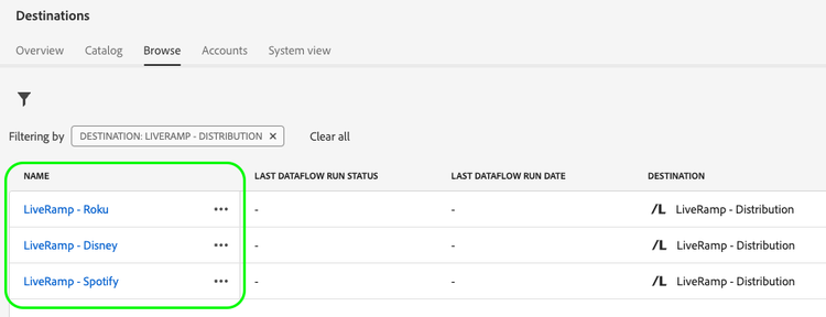 Platform UI screenshot showing multiple LiveRamp destinations.