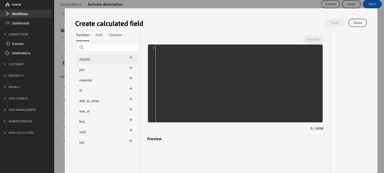 Modal window of the calculated field functionality with no function selected yet.