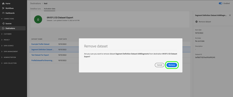 Dialog showing the Confirm dataset removal option from the dataflow.