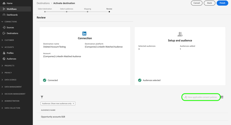 Review step of the activate account audiences workflow with the consent enforcement control greyed out.
