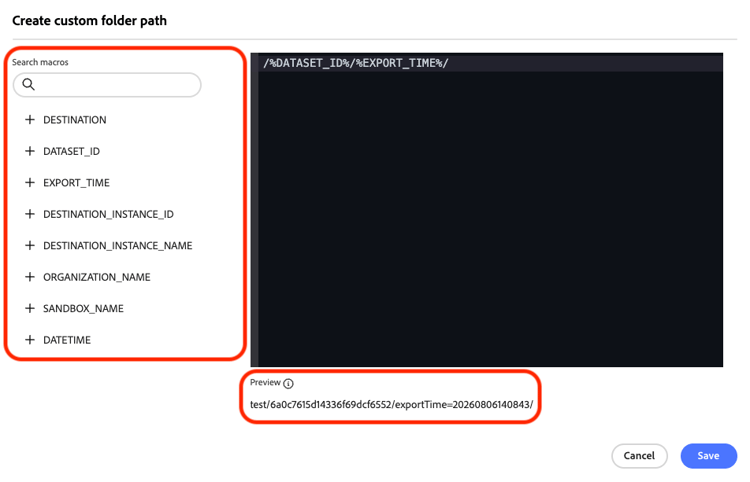 Macros selection highlighted in custom folder modal window.